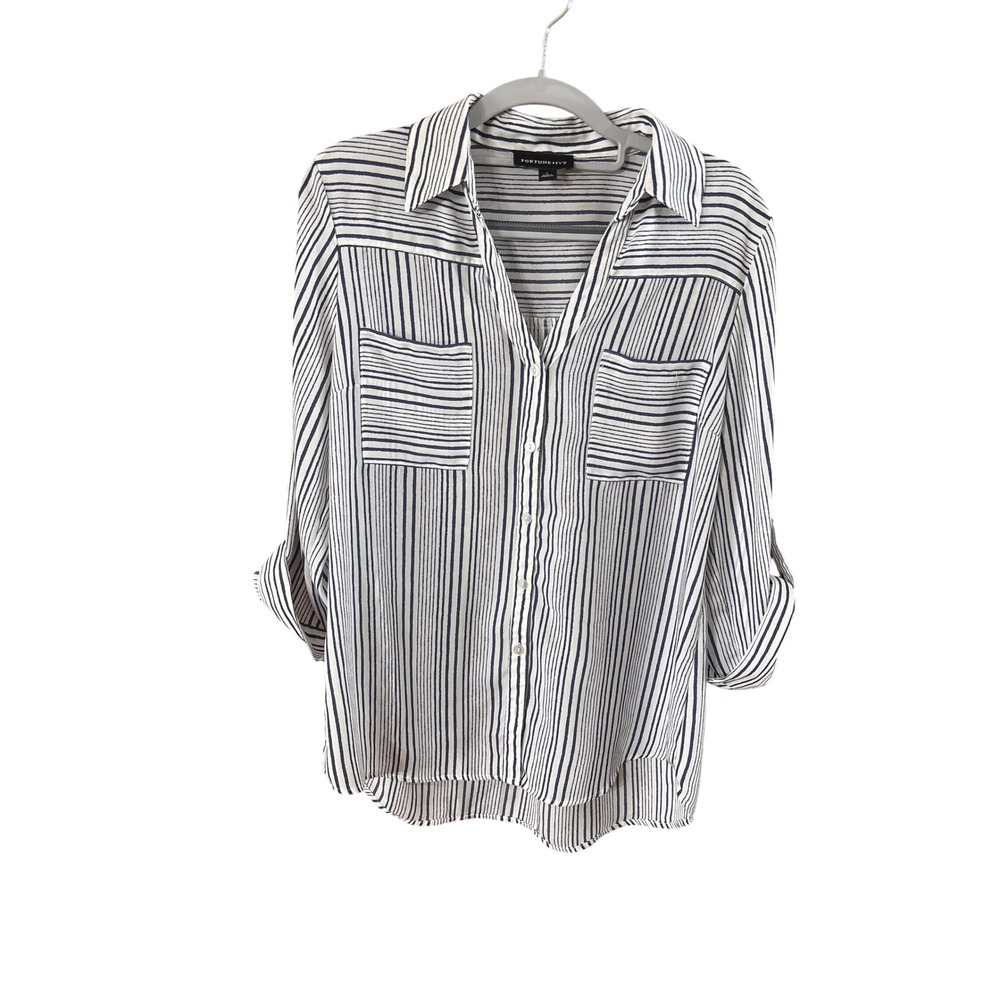 Fortune + Ivy Womens Large Navy Blue White Striped Roll Tab Button Down Blouse